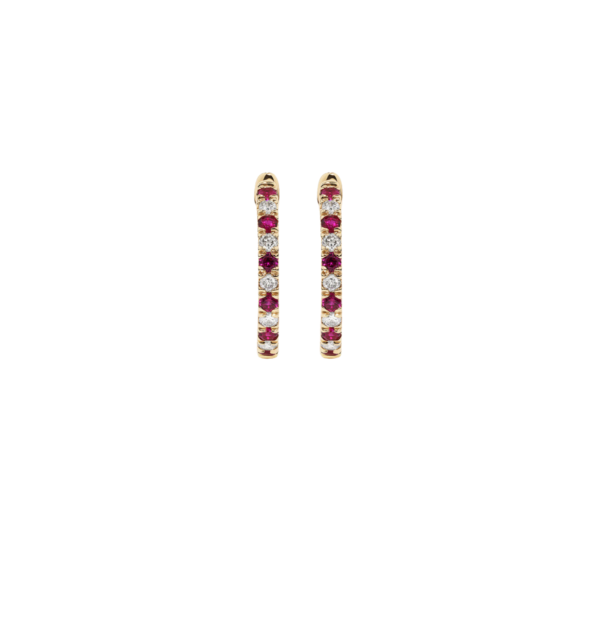 Ruby Huggie Hoop Earrings with vibrant red stones.