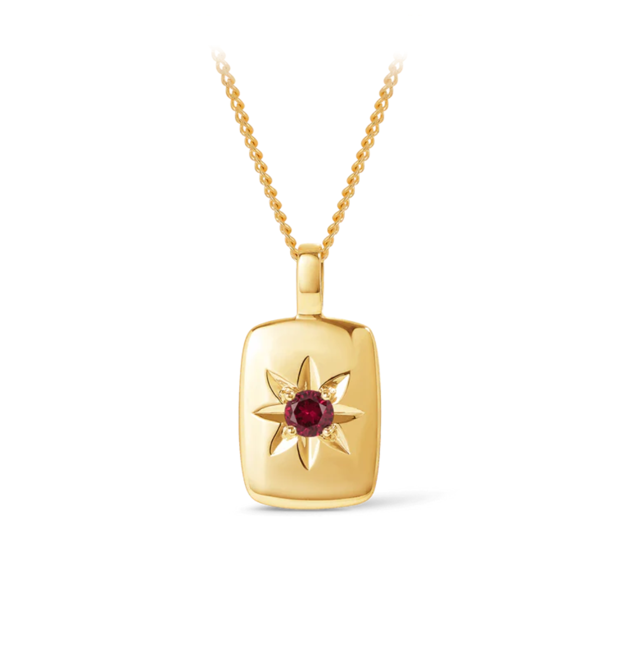 Ruby star set rectangular pendant in gold