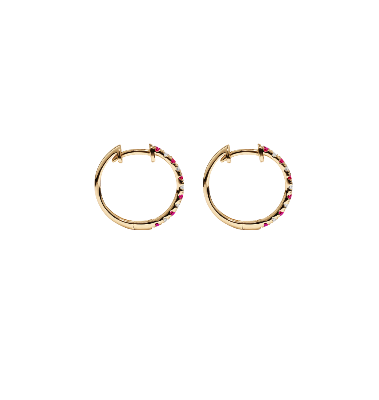 Women’s ruby huggie earrings in a hoop style.
