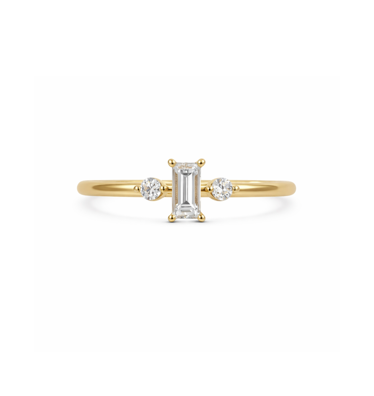 angled view of baguette lab grown diamond trio ring