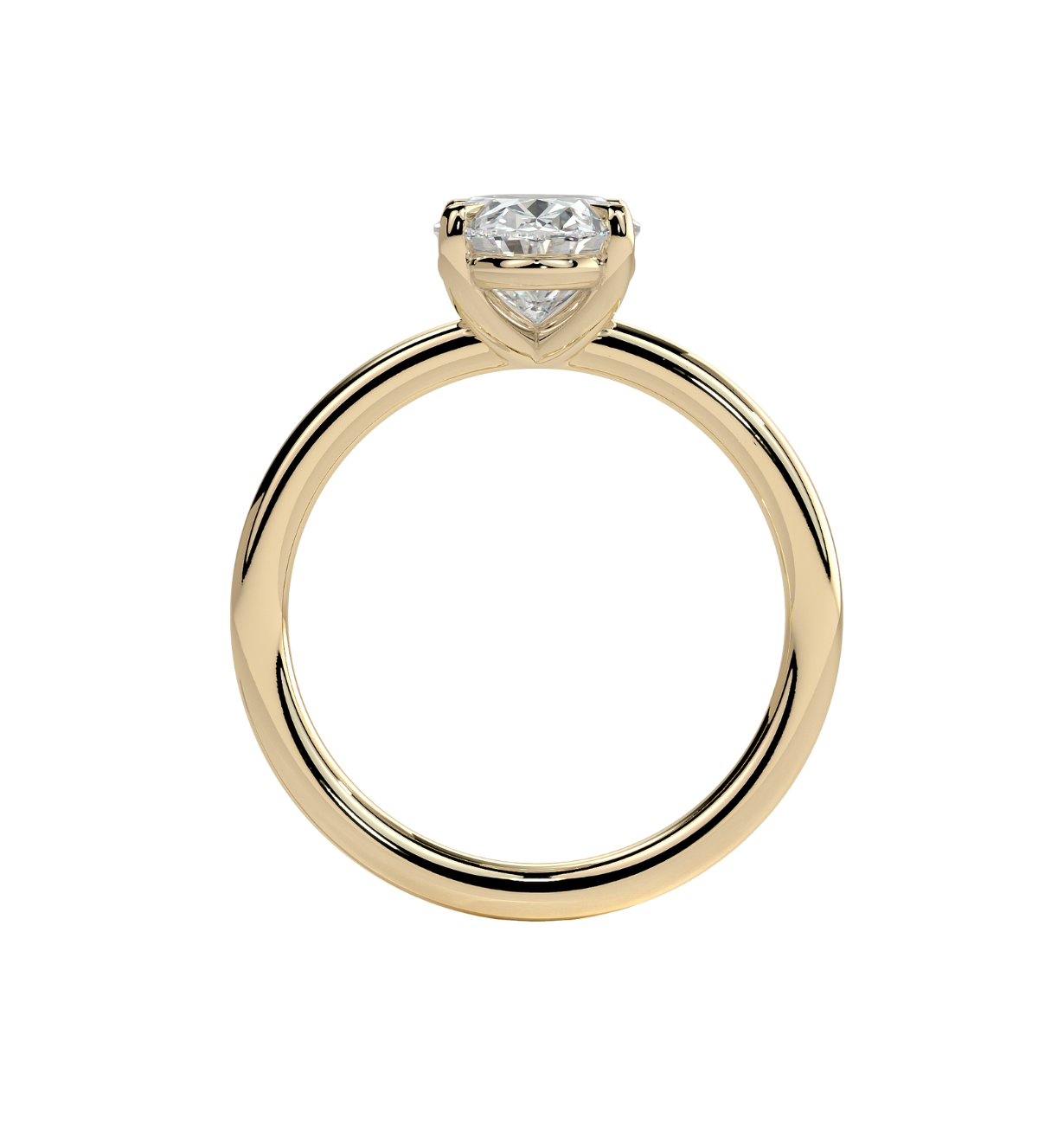 angled view of oval lab grown diamond solitaire ring in gold
