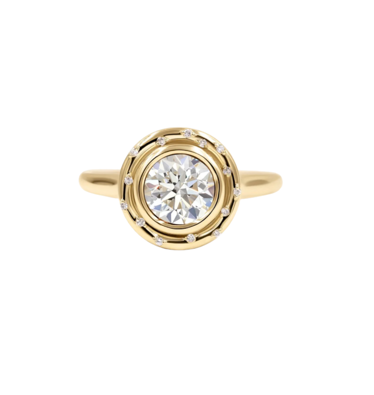 angled view of spotlight lab grown diamond ring in 14k gold