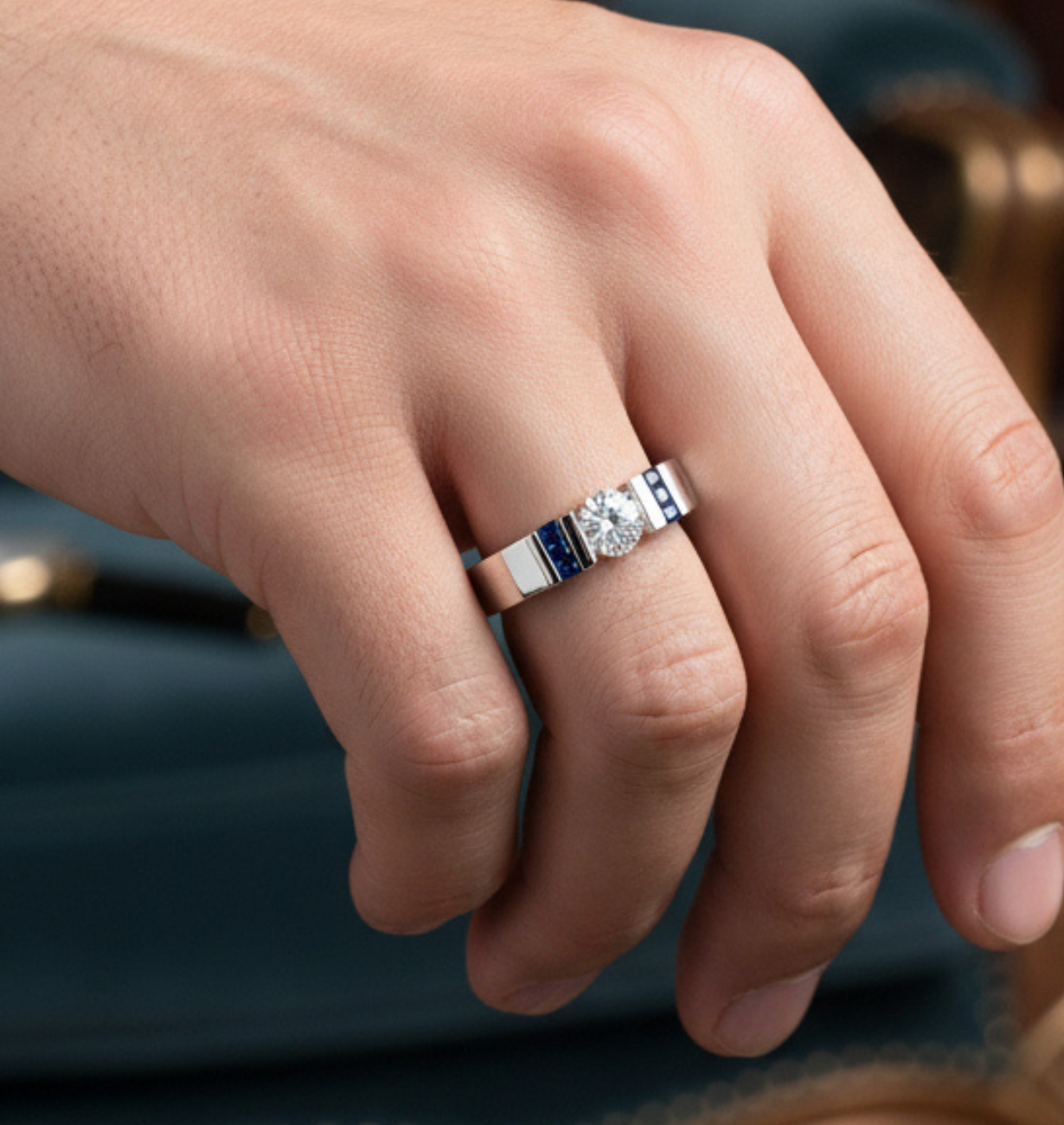 blue sapphire ring with lab grown diamond accents in 14k gold