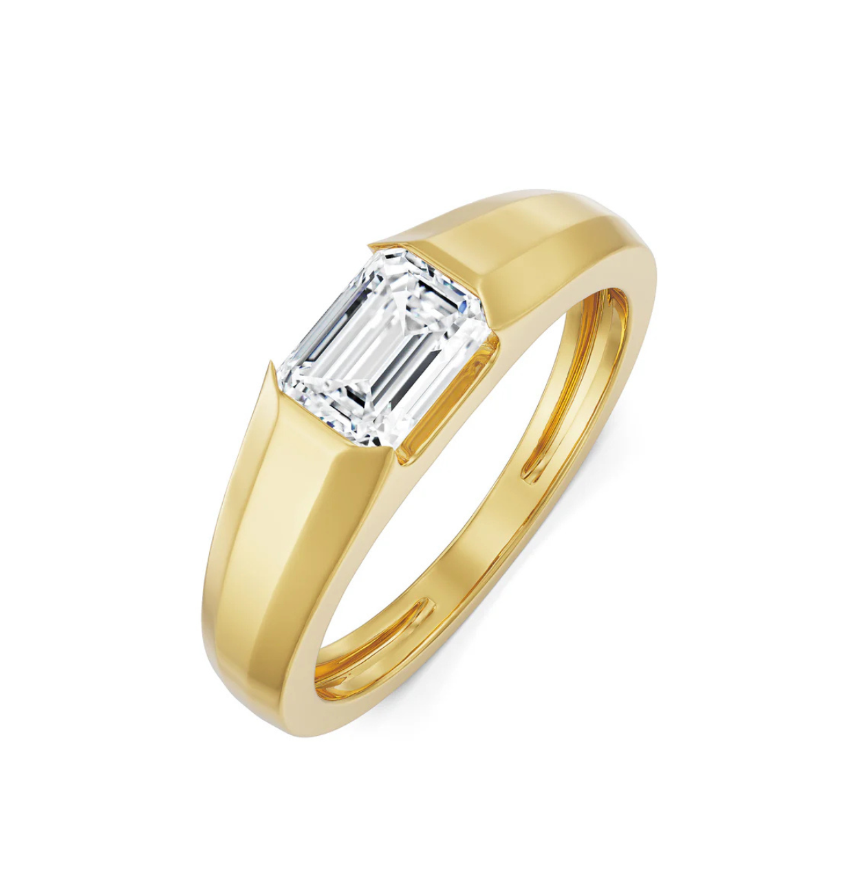 close-up of axiom men ring with emerald cut lab grown diamond