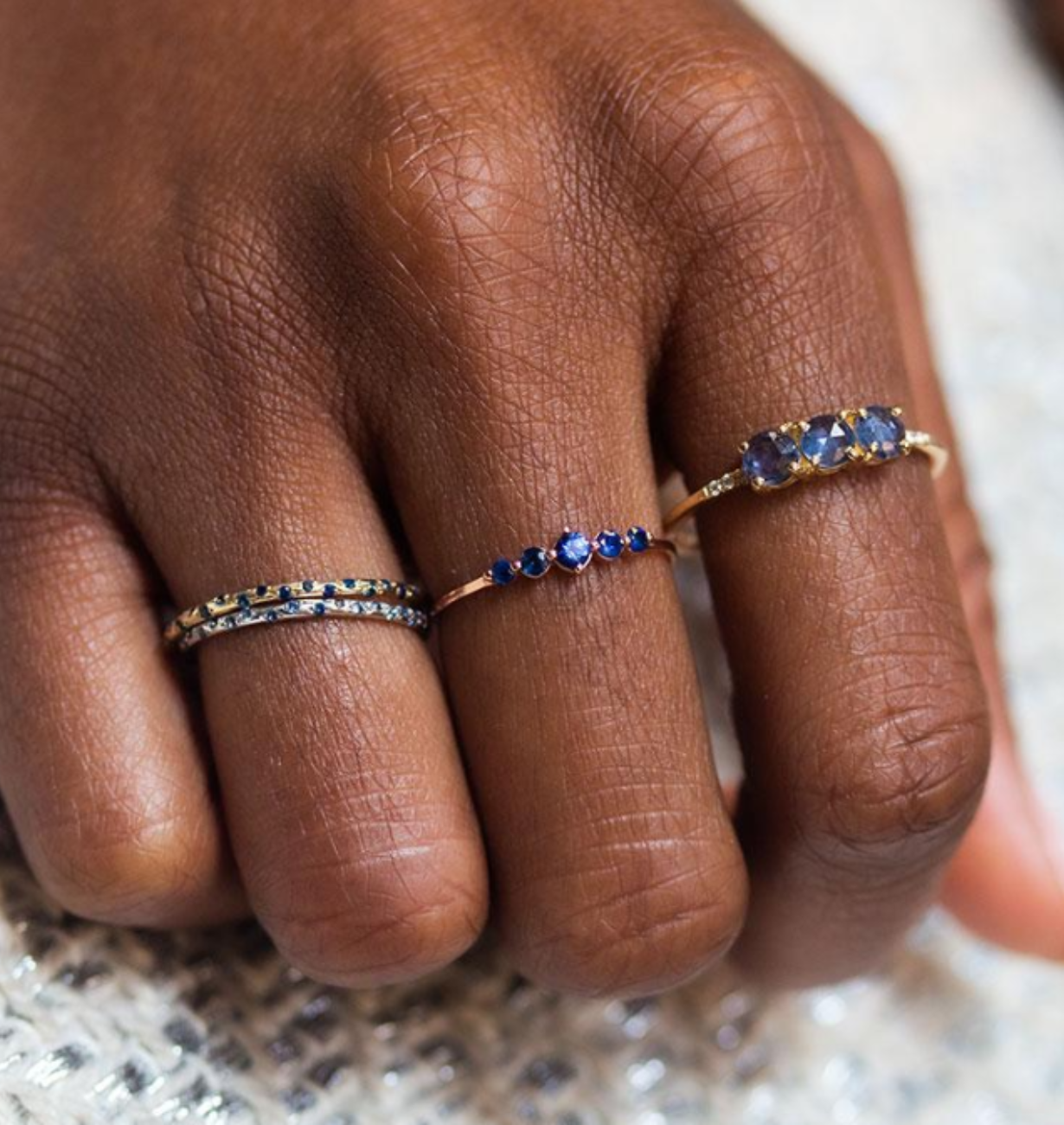 close-up of starry sapphire ring with blue sapphires