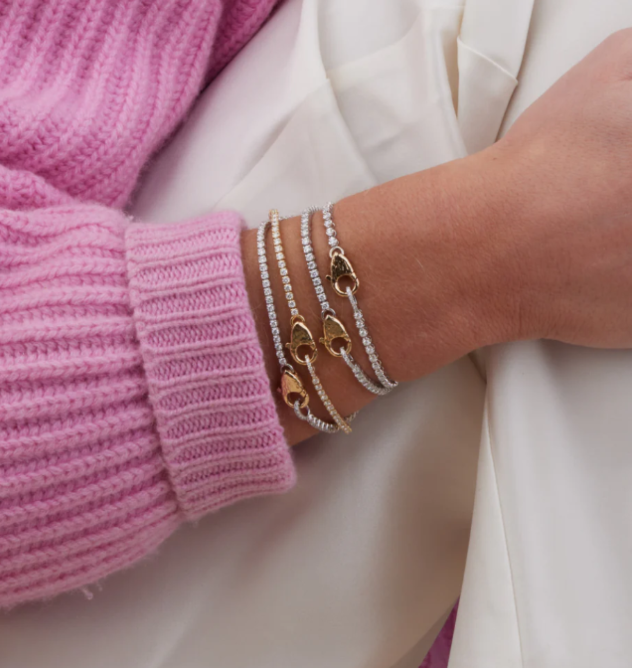 close-up of tennis lock lab grown diamond bracelet