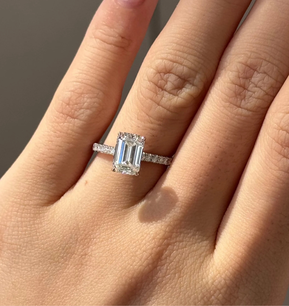 emerald cut lab grown diamond ring 14k white gold