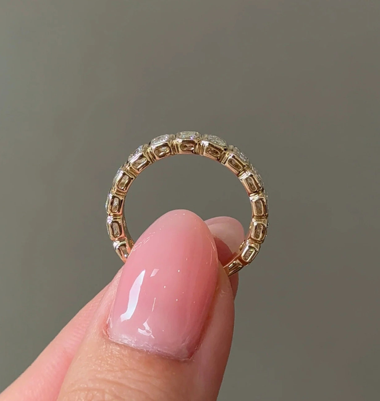 radiant cut lab grown diamond band with multiple stones in gold