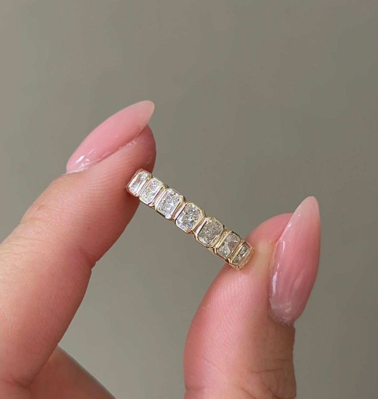 radiant cut lab grown diamond half eternity band in 14k gold