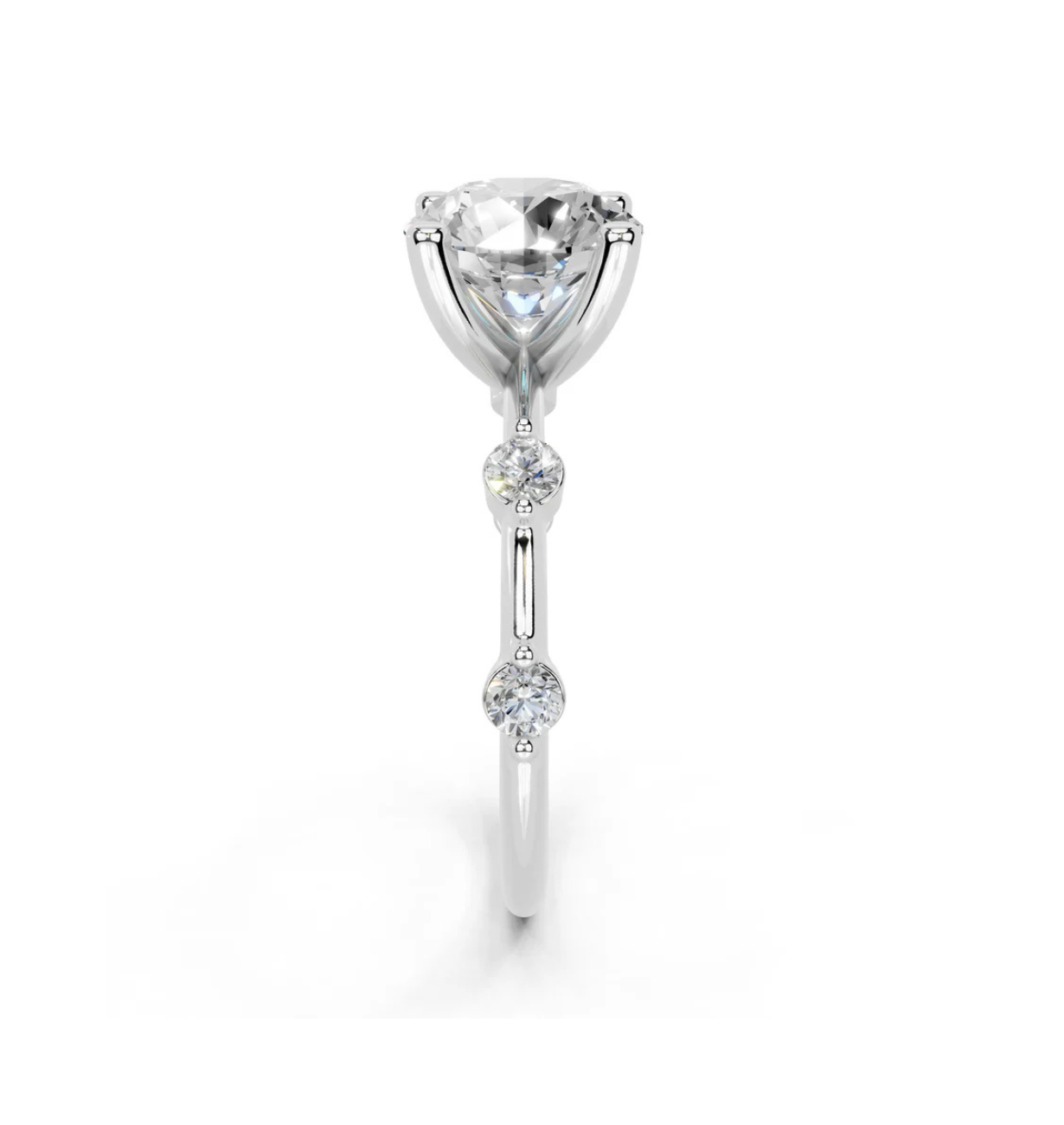 side view of oval lab grown diamond ring in 14k white gold