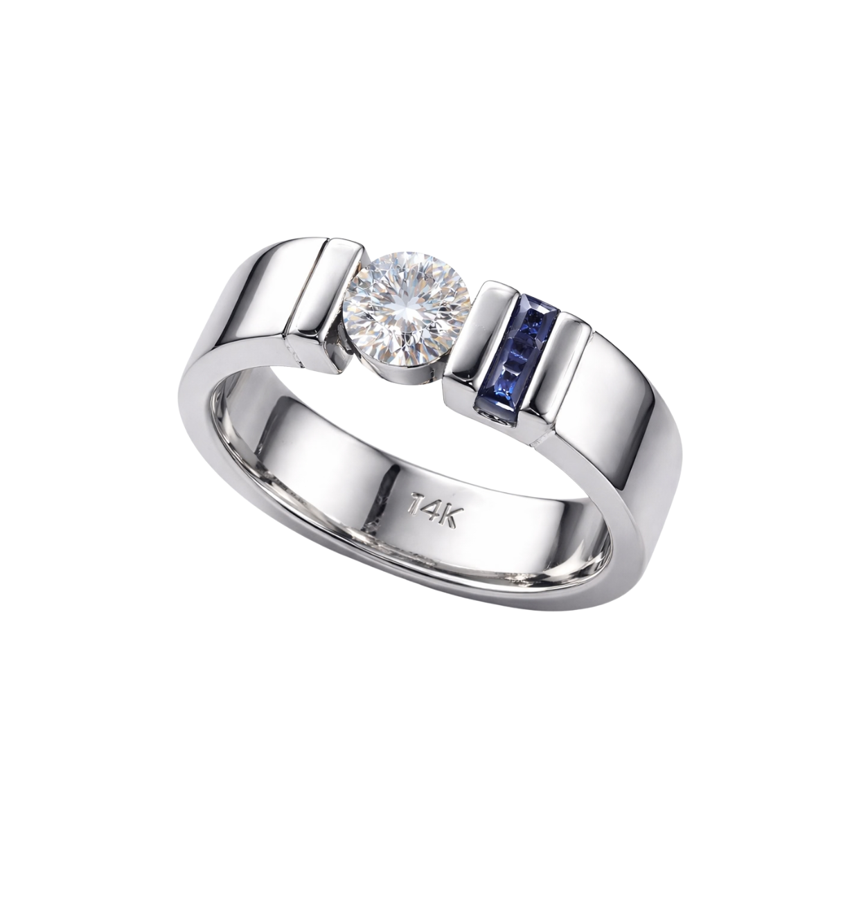 top view of blue sapphire ring with diamond accents
