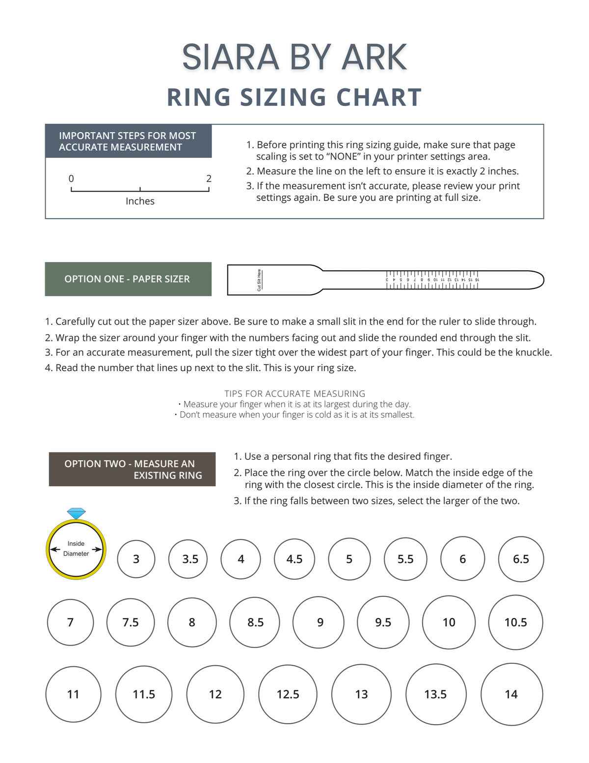 Ring Size Chart & Measurement Guide – Siara by Ark