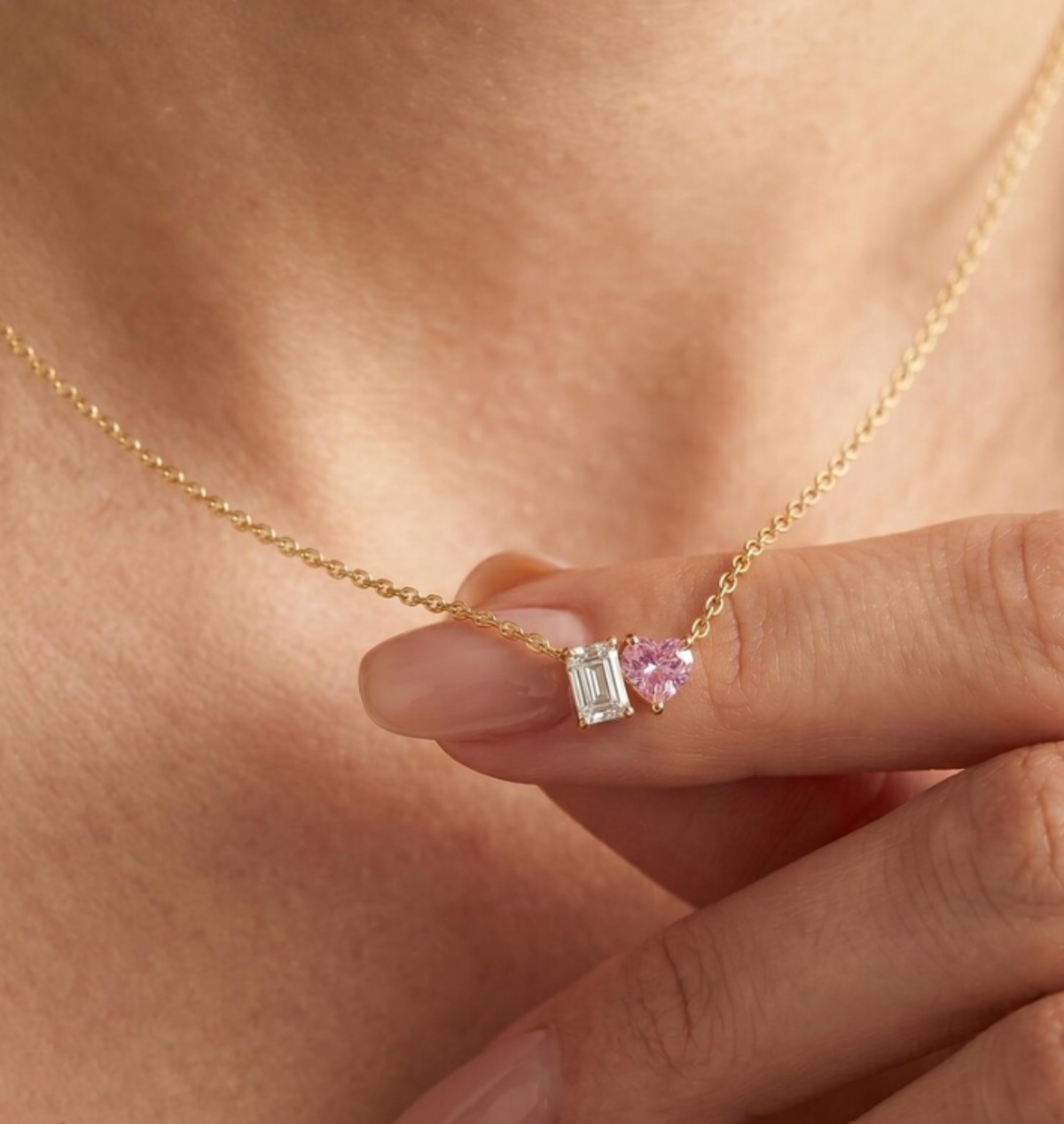 Pink and emerald-cut diamond Toi et Moi necklace
