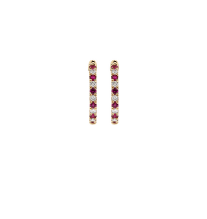 Ruby Huggie Hoop Earrings with vibrant red stones.