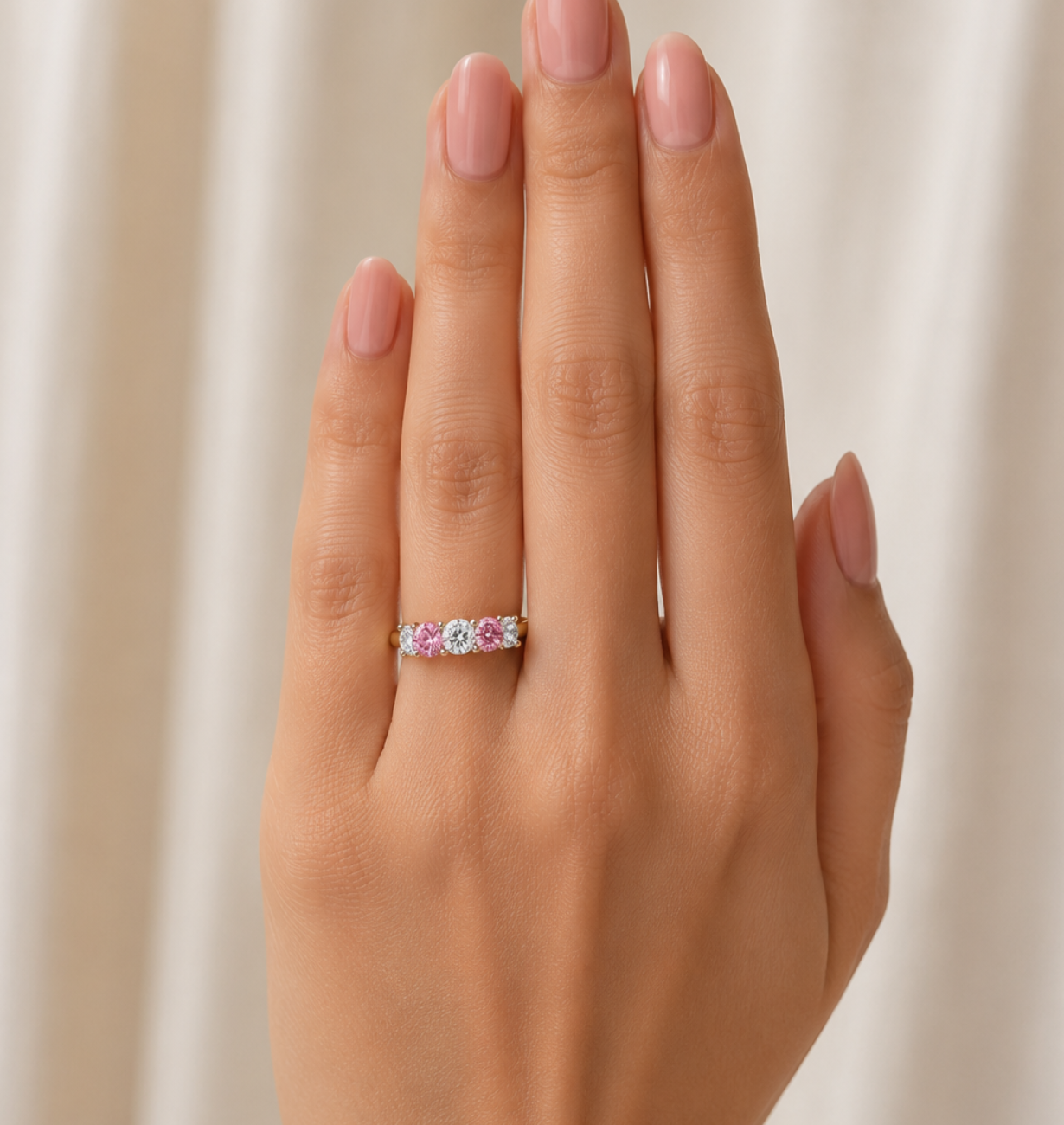 Top view of the Liora Band Set featuring lab grown diamonds and pink gemstones