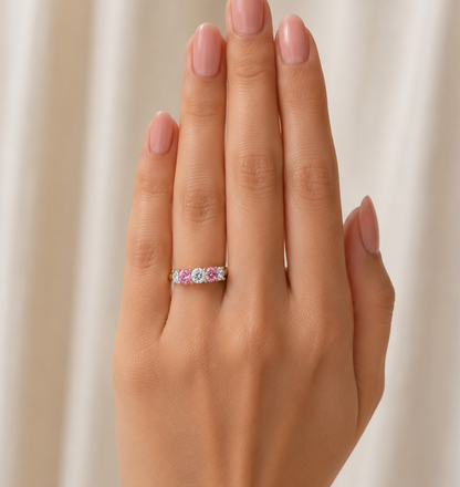 Top view of the Liora Band Set featuring lab grown diamonds and pink gemstones