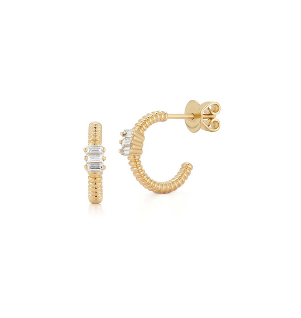 Textured Hoop Earrings with Baguette Diamonds