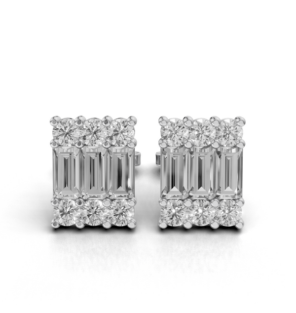Baguette & Round Diamond Stud Earrings