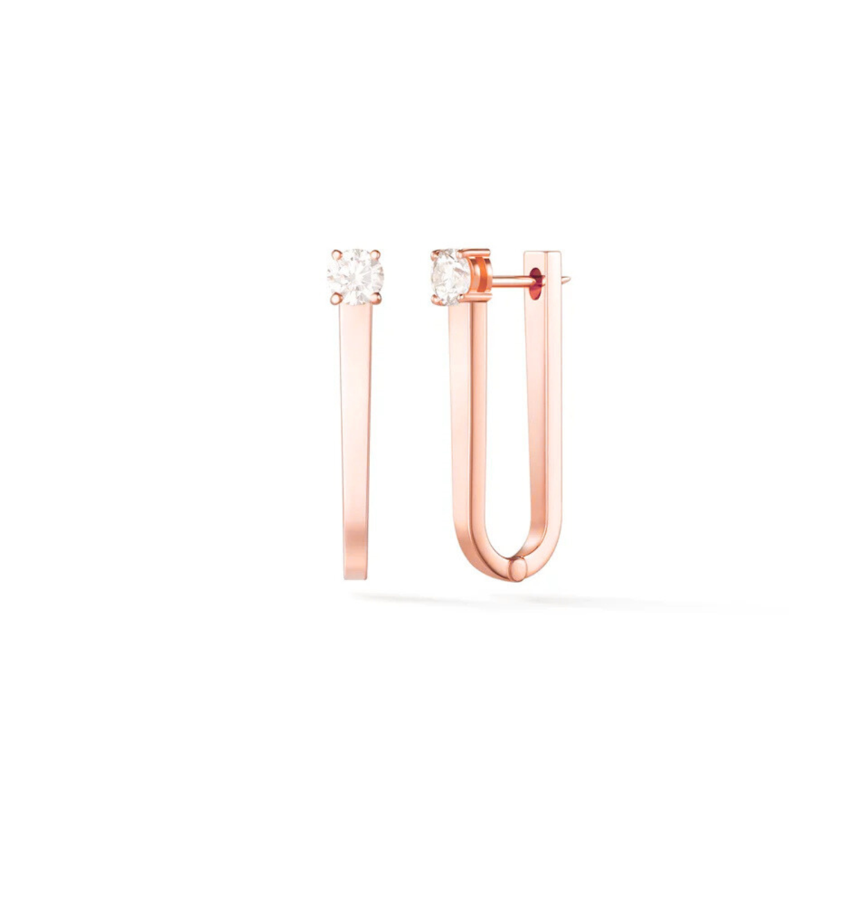angled view of lia hoop earrings with diamond setting