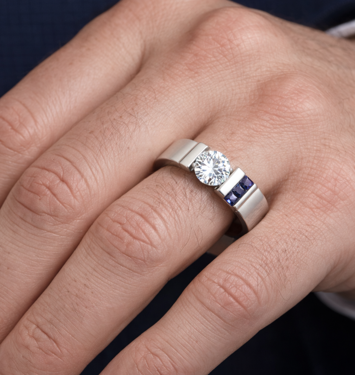 blue sapphire center stone ring with lab grown diamonds