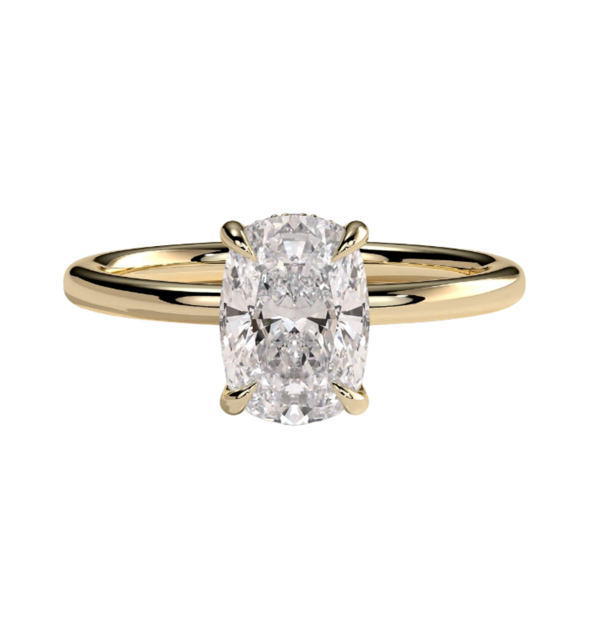 close-up of elongated cushion lab grown diamond ring in gold