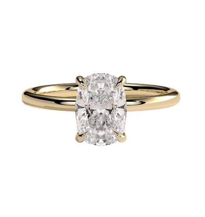 close-up of elongated cushion lab grown diamond ring in gold