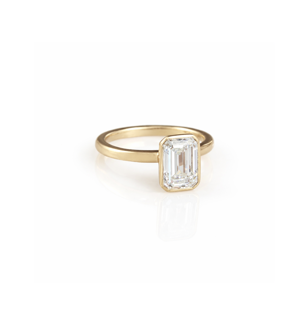 close-up of emerald cut east west lab grown diamond ring