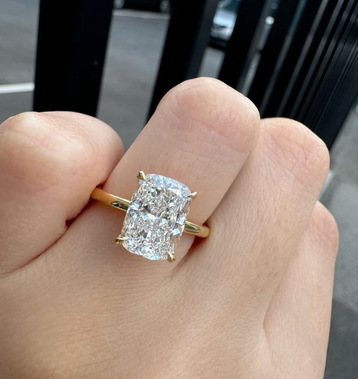 elongated cushion cut lab grown diamond engagement ring in 14k gold