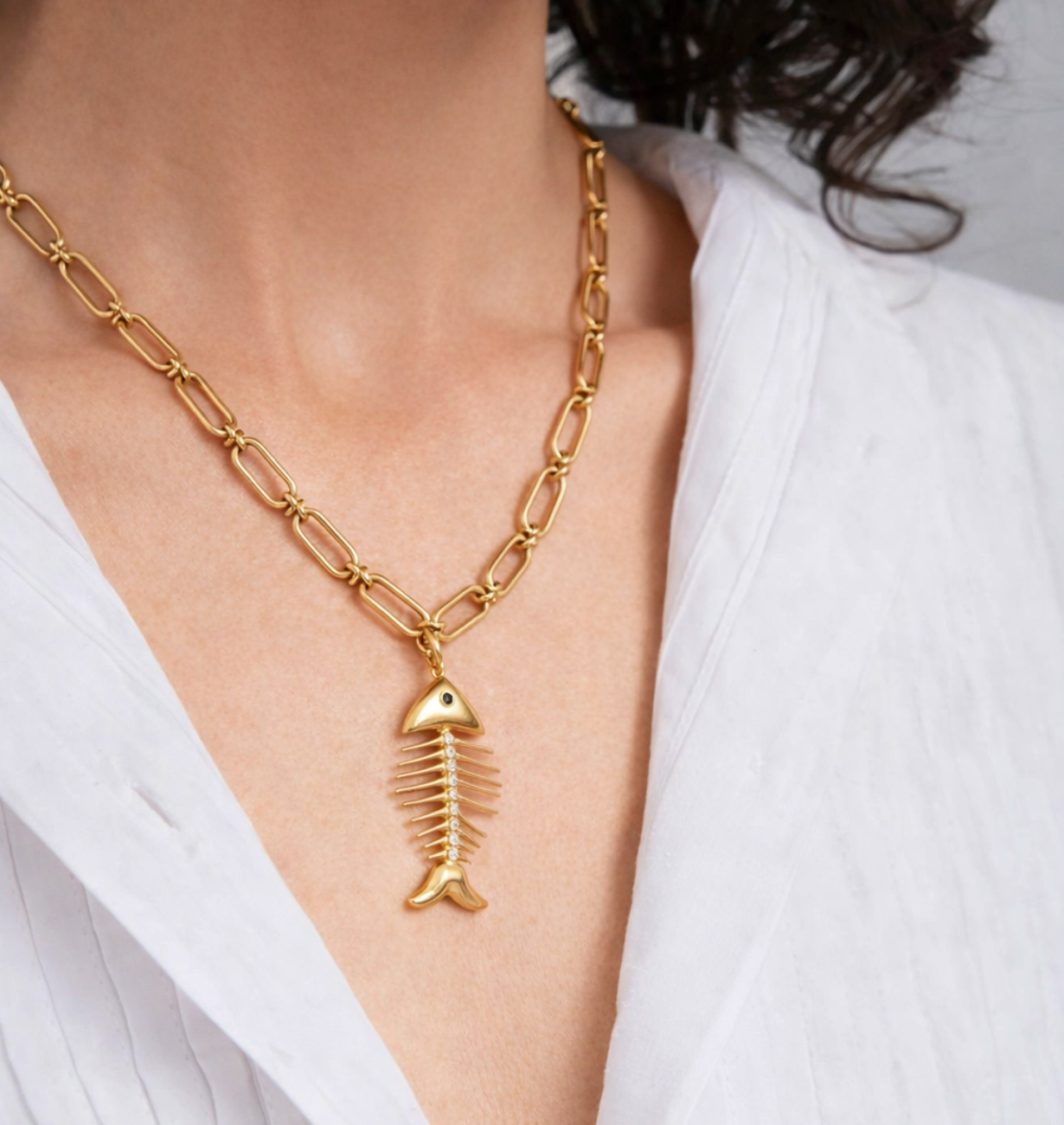 modern fish bone pendant charm in gold