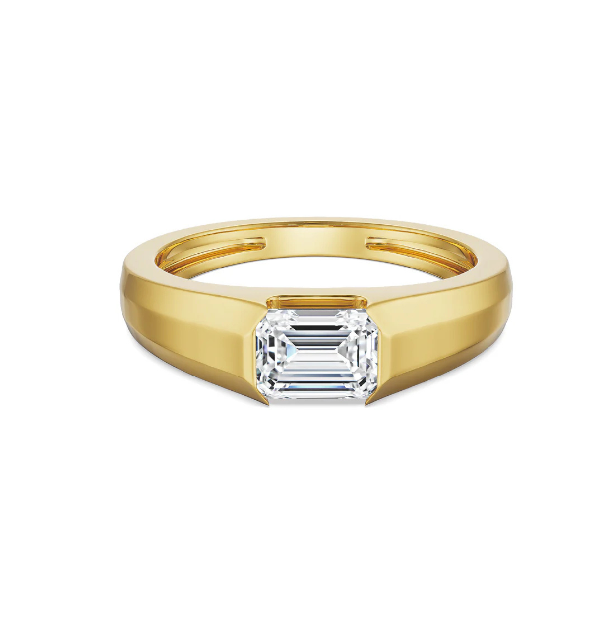 modern men ring with emerald cut diamond in gold band