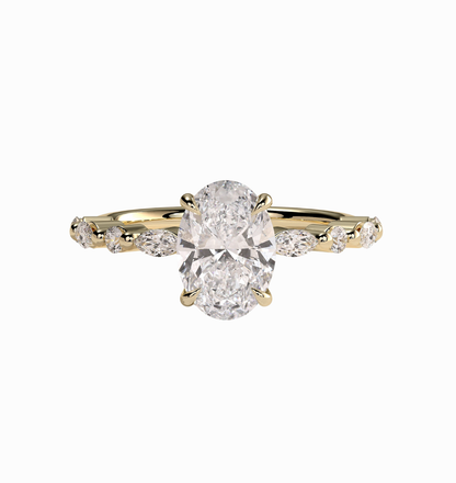 oval lab grown diamond engagement ring with hidden halo and marquise side stones in 14k gold