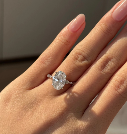 oval lab grown diamond engagement ring with hidden halo in 14k gold