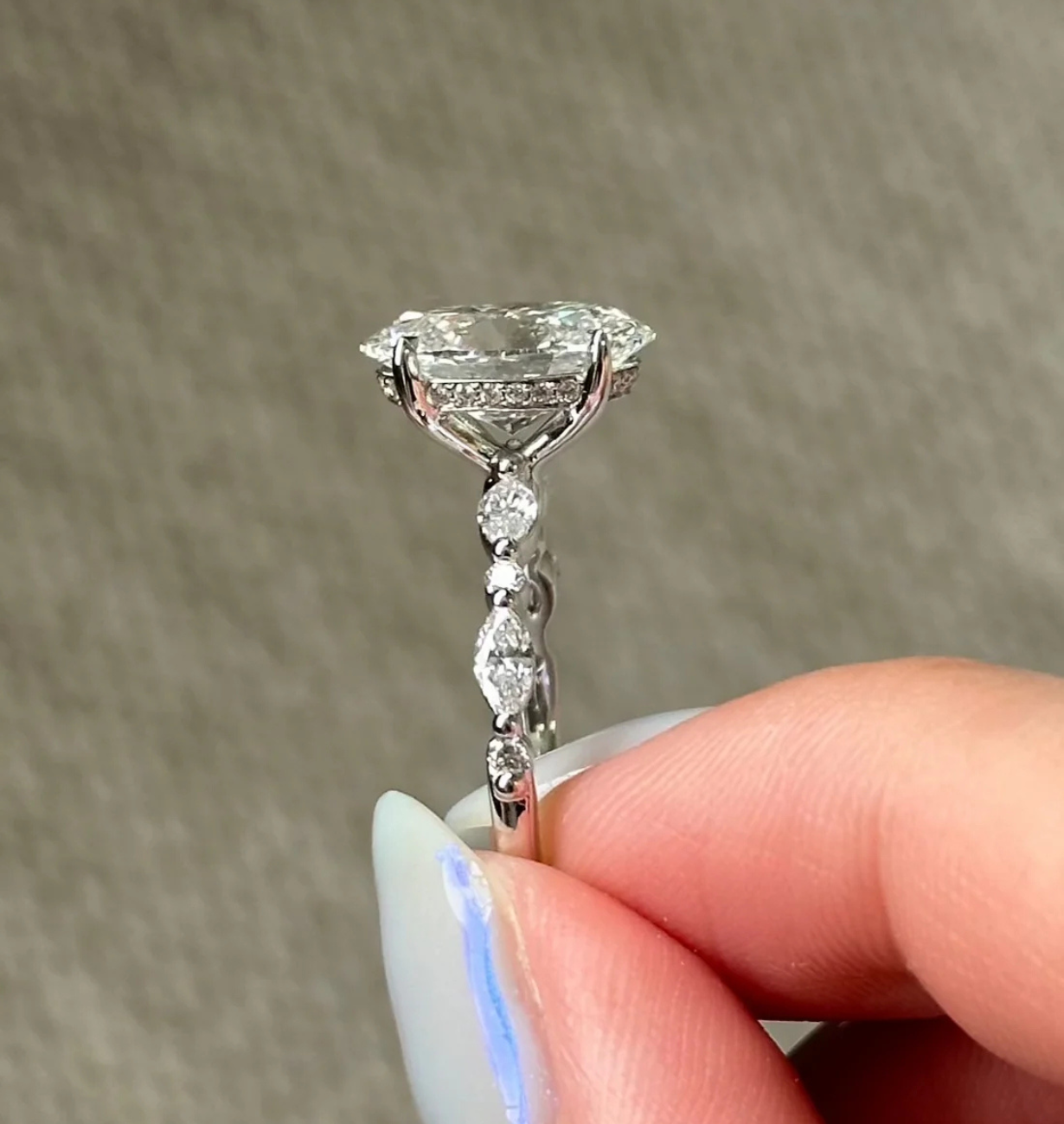 oval lab grown diamond engagement ring with hidden halo in 14k white gold
