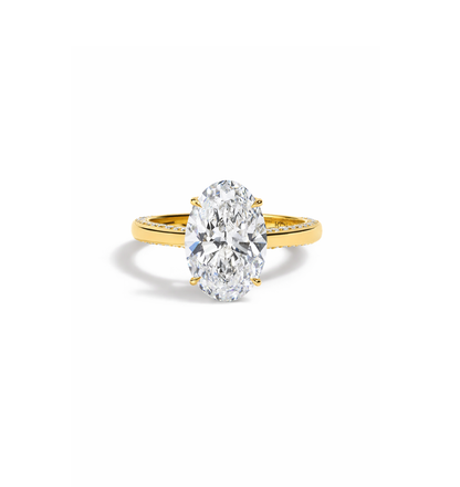 oval lab grown diamond floral hidden pave engagement ring in 14k gold
