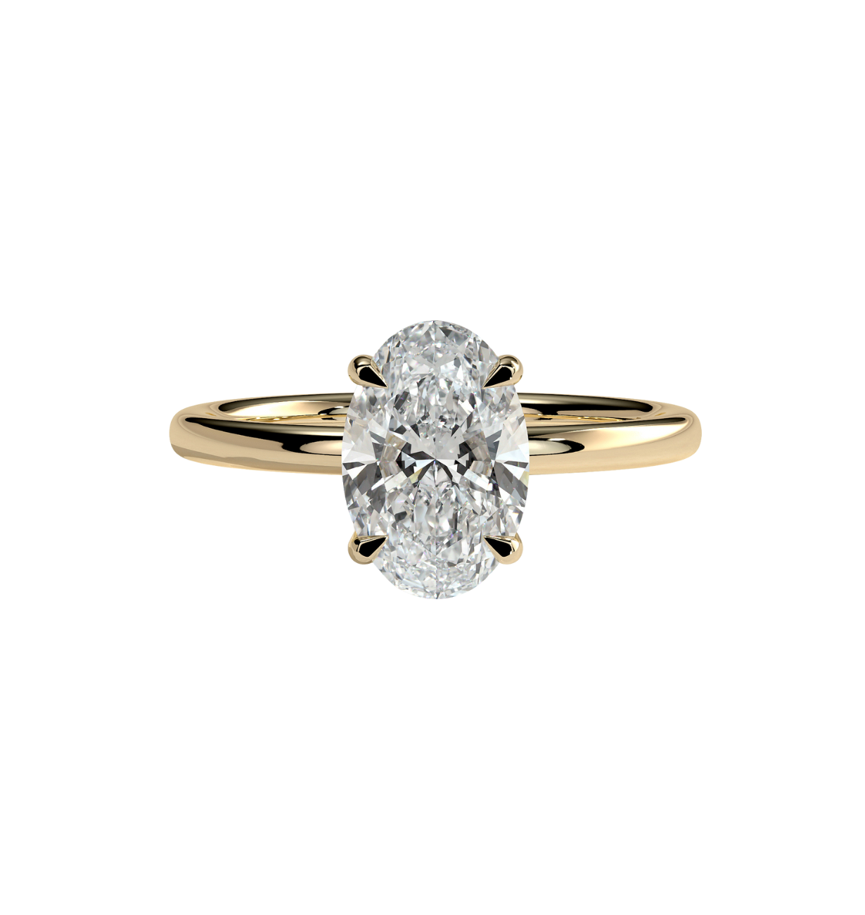oval lab grown diamond solitaire ring with elegant low profile setting in 18k gold