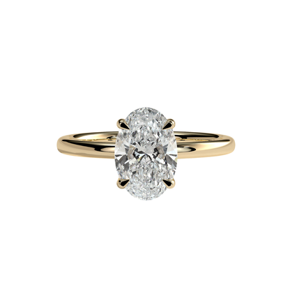 oval lab grown diamond solitaire ring with elegant low profile setting in 18k gold