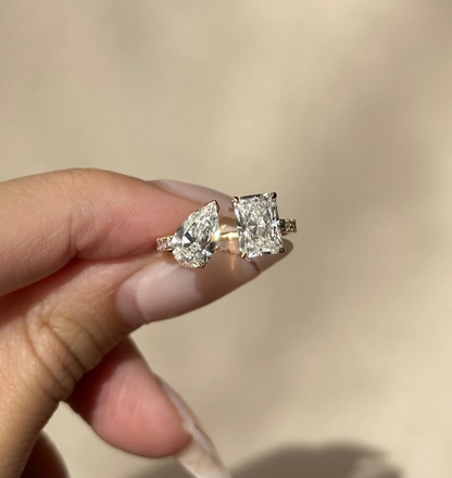 pave diamond detail on pear and radiant open cuff ring