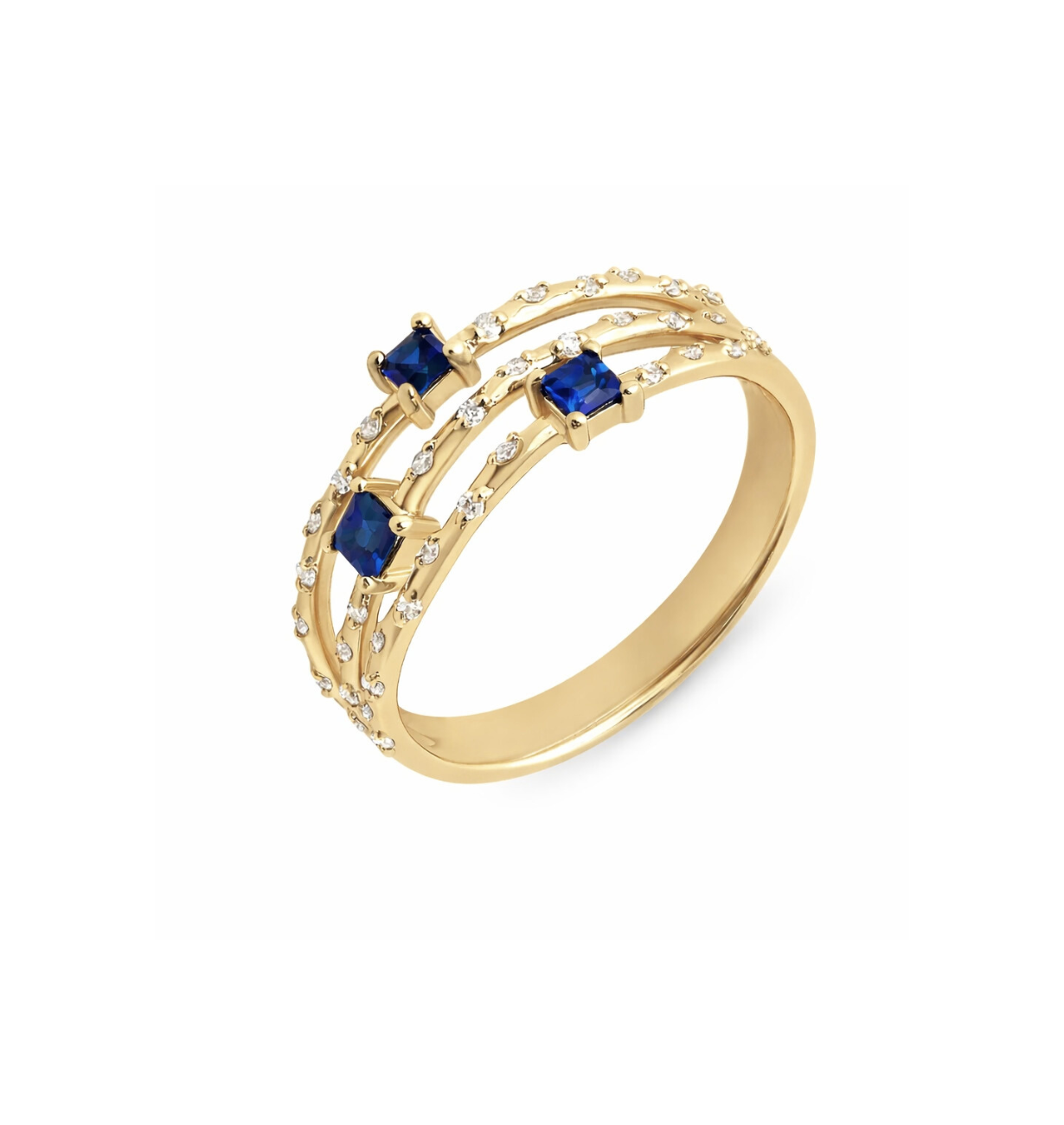 sapphire triple band ring with lab grown diamonds in 14k gold