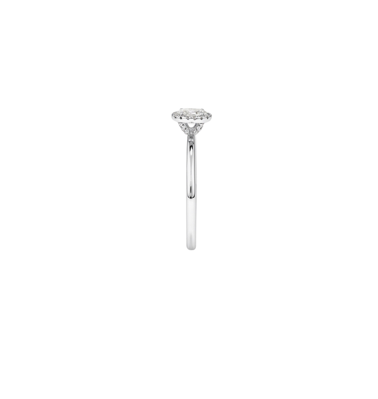 side view of emerald cut lab grown diamond ring with marquise accents