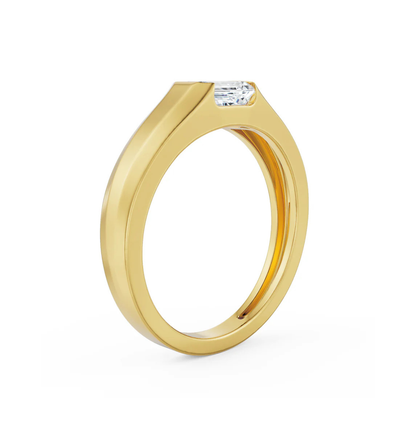 side view of men ring with emerald cut diamond flush set in band