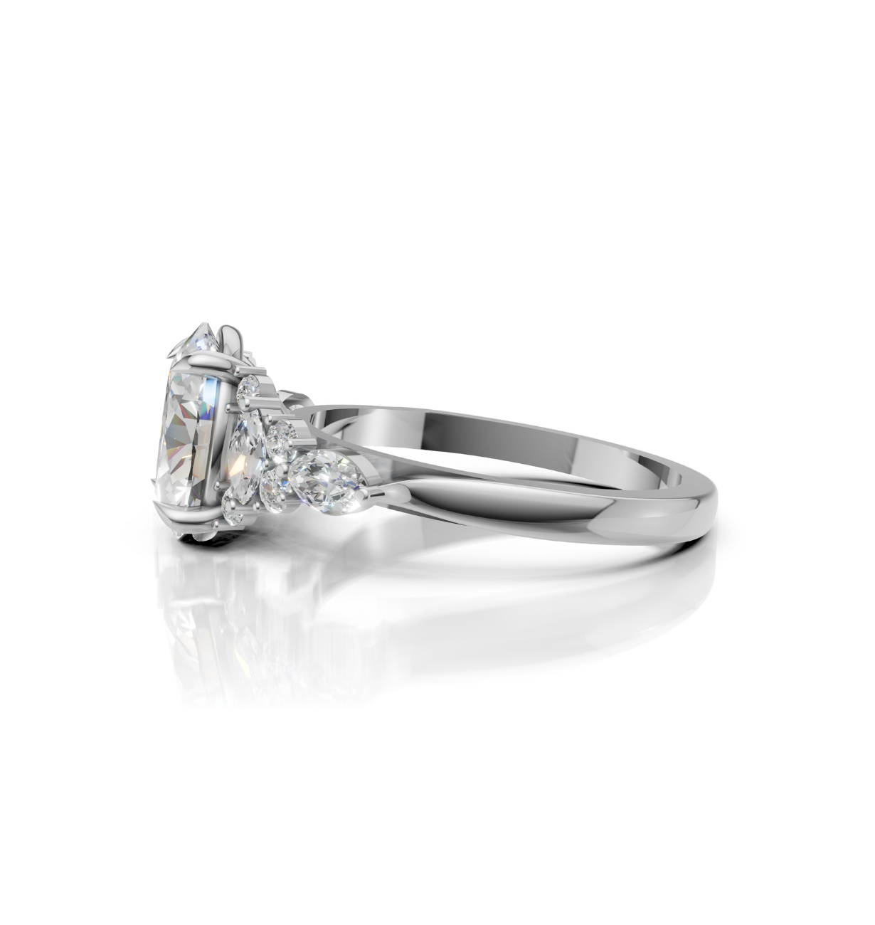 side view of oval lab grown diamond engagement ring in 14k gold
