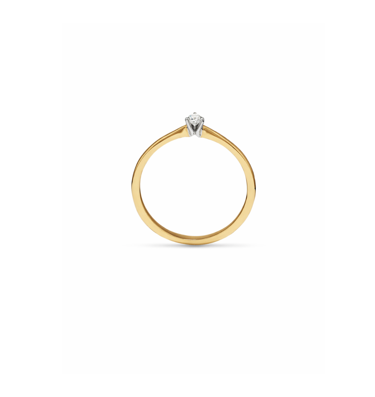 side view of pear lab grown diamond ring with slim gold band