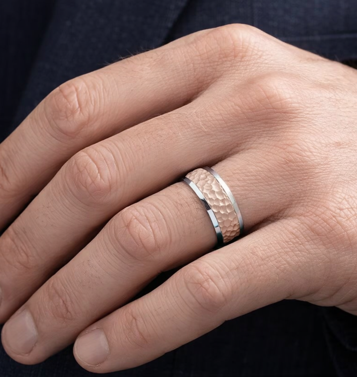 top view of hammered men ring with polished edges