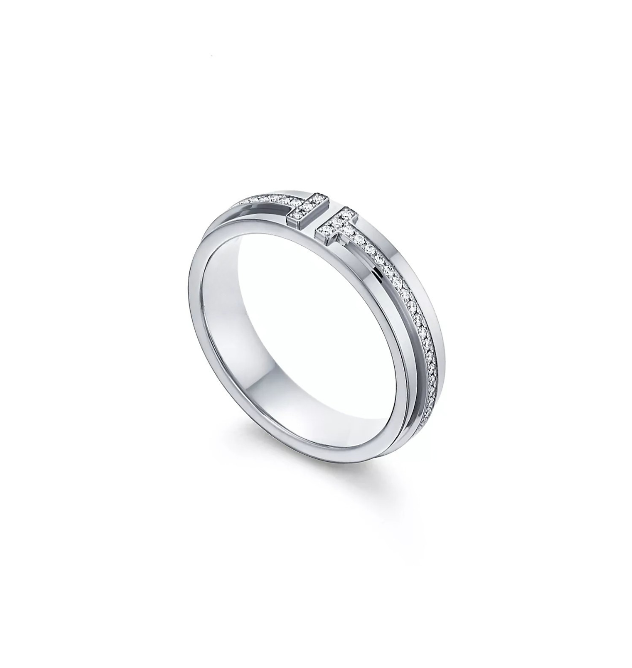 top view of t narrow diamond ring with pave detail